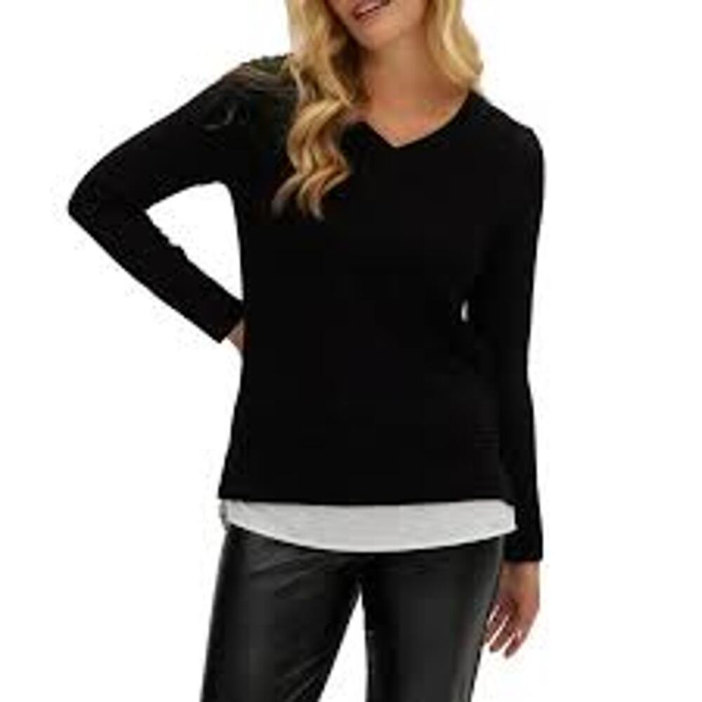 NWT Hilary Radley Black ribbed long sleeve blouse with layered white top‎ Medium